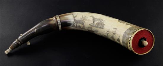 A scrimshaw horn powder flask, 18in.